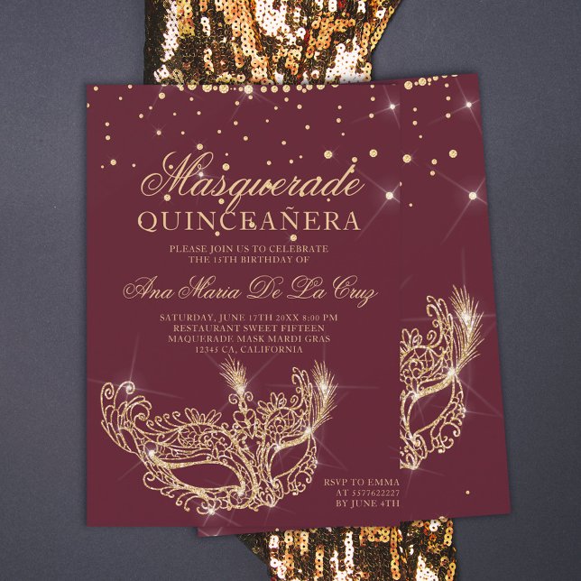 Masquerade Gold Glitzer Rot Bordeaux Quinceanera Einladung (Von Creator hochgeladen)