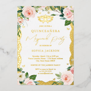 Masquerade Gold Lace Blush Bloral Quinceanera Folieneinladung