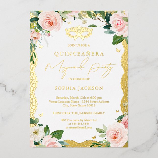 Masquerade Gold Lace Blush Bloral Quinceanera Folieneinladung (Vorderseite)