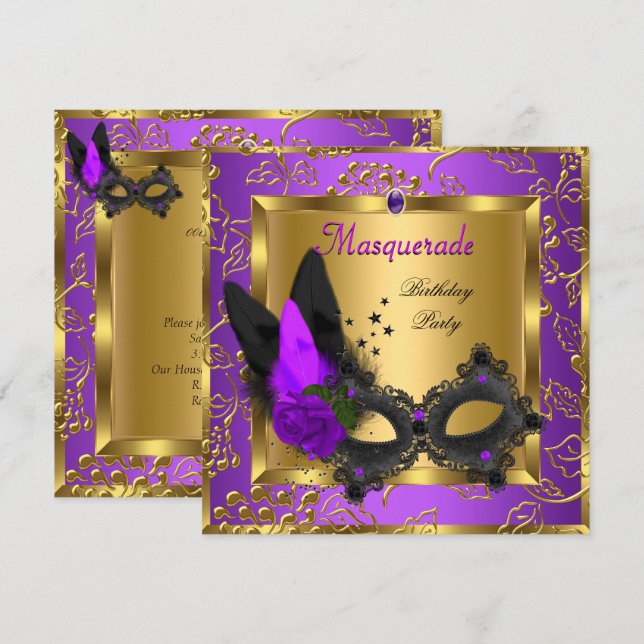 Masquerade Gold Lila Black Birthday Party Einladung (Vorne/Hinten)