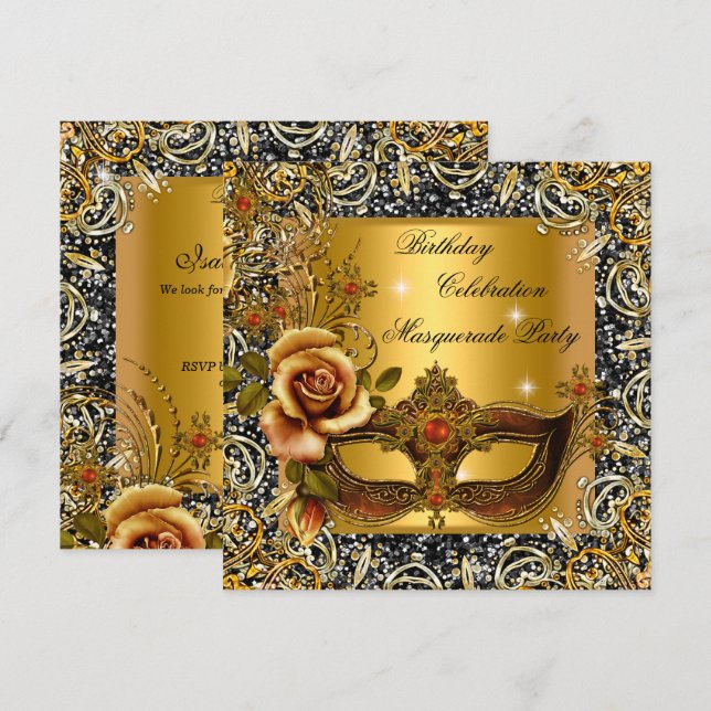 Masquerade Gold Mask Glitzern Black Birthday Party Einladung (Vorne/Hinten)