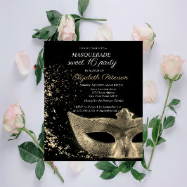 Masquerade Gold Masque Black Sweet 16 Einladungspostkarte