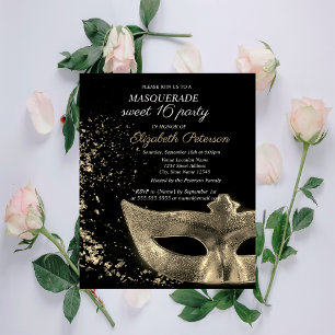 Masquerade Gold Masque Black Sweet 16 Einladungspostkarte
