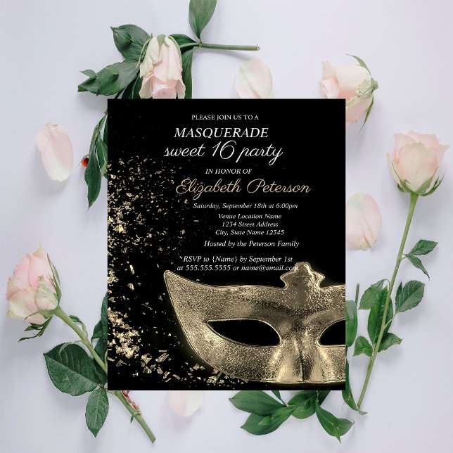 Masquerade Gold Masque Black Sweet 16 Einladungspostkarte (Von Creator hochgeladen)