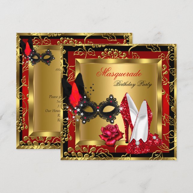 Masquerade Gold Red Black Glitzer High Heels Maske Einladung (Vorne/Hinten)