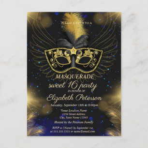 Masquerade Gold Shiny Sweet 16 Einladungspostkarte