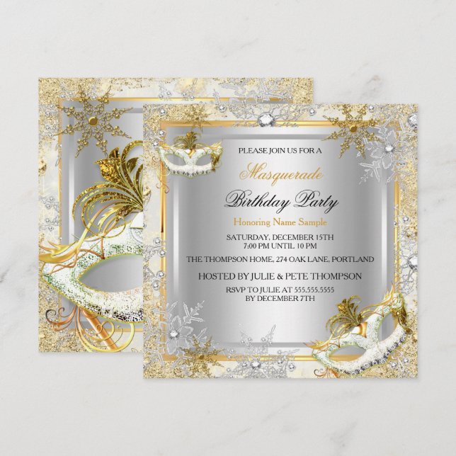 Masquerade Gold Silver Snowflakes Masken Party 2 Einladung (Vorne/Hinten)