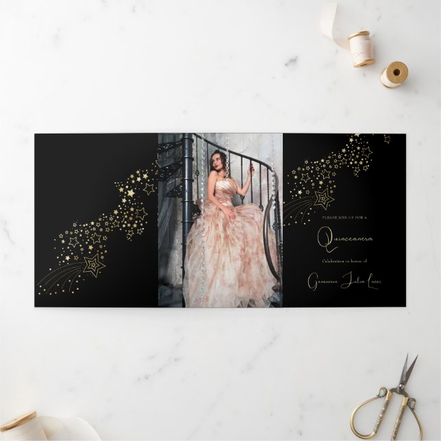 Masquerade Gold Stars Quinceanera Party Einladung (Außenbereich)