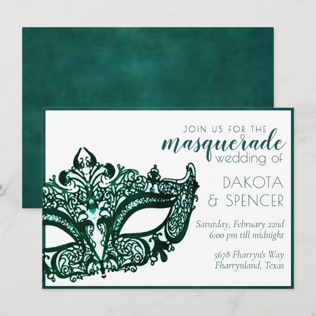 Masquerade Green | Dark Emerald Mardi Gras Wedding Einladung (Vorne/Hinten)