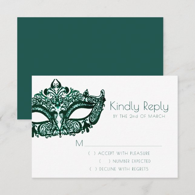 Masquerade Green Mask | Lebhafter Emerald Mardi Gr RSVP Karte (Vorne/Hinten)
