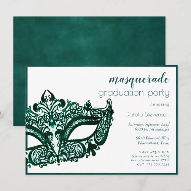 Masquerade Green Mask | Lebhafter smaragdgrüner Ab Einladung (Vorne/Hinten)