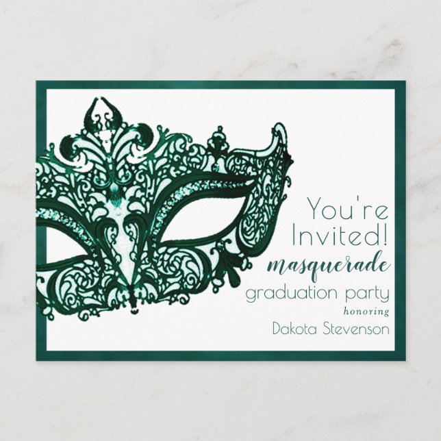 Masquerade Green Mask | Mardi Gras Abschluss Einladungspostkarte (Vorderseite)