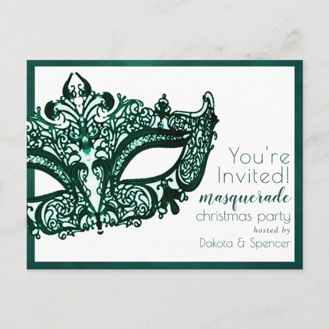 Masquerade Green Mask | Mardi Gras Weihnachts-Part Einladungspostkarte (Vorderseite)