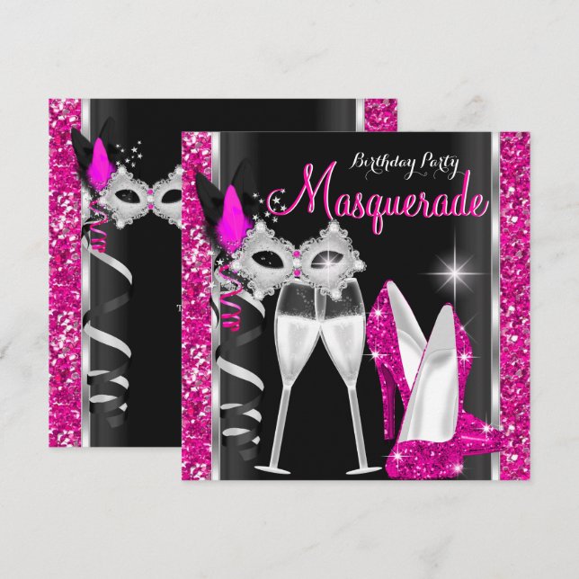 Masquerade Hi Heelses Pink Black Champagne Party 2 Einladung (Vorne/Hinten)