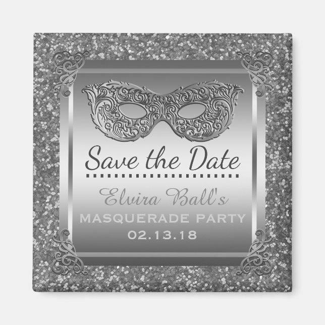 Masquerade Kostüm Party Save the Date Glam Silver Magnet (Vorne)
