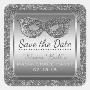 Masquerade Kostume Party Glam Silver Save the Date Quadratischer Aufkleber