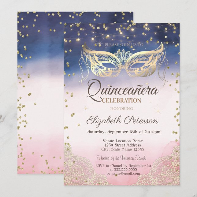 Masquerade, Lace, Diamonds Ombre Quinceañera Einladung (Vorne/Hinten)