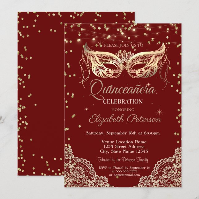 Masquerade, Lace, Diamonds Quinceañera Einladung (Vorne/Hinten)