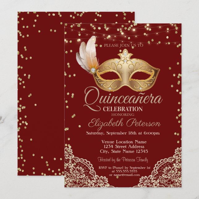 Masquerade, Lace, Diamonds Red Quinceañera Einladung (Vorne/Hinten)