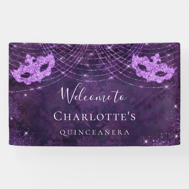 Masquerade lila Glitzer Staub Quinceanera Banner (Horizontal)