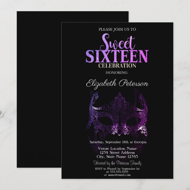 Masquerade, Lila Masque Sweet 16 Einladung (Vorne/Hinten)