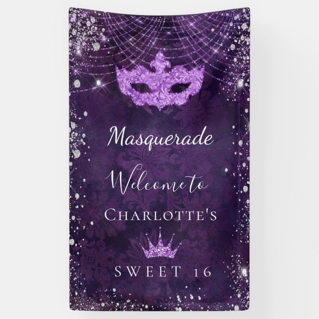 Masquerade lila silber Glitzer Staub Sweet 16 Banner (Vertikal)