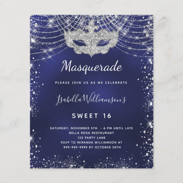 Masquerade Marine blau silber Sweet 16 Einladung (Vorderseite)