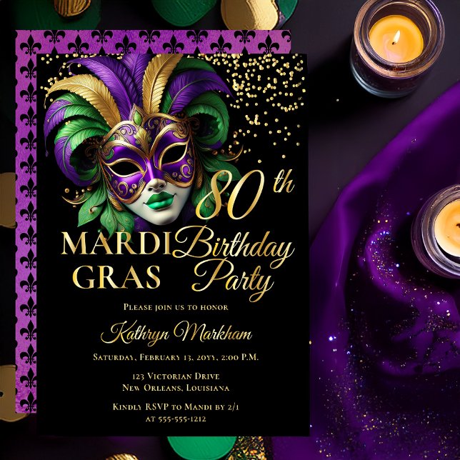 Masquerade Mask Mardi Gras 80th Birthday Party Folieneinladung (Elegant Purple Green Gold Tone Masquerade Mask Mardi Gras 80th Birthday Party Gold Foil Invitation )