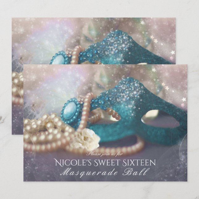 Masquerade Mask & Pearls Rainbow Party Einladungen (Vorne/Hinten)