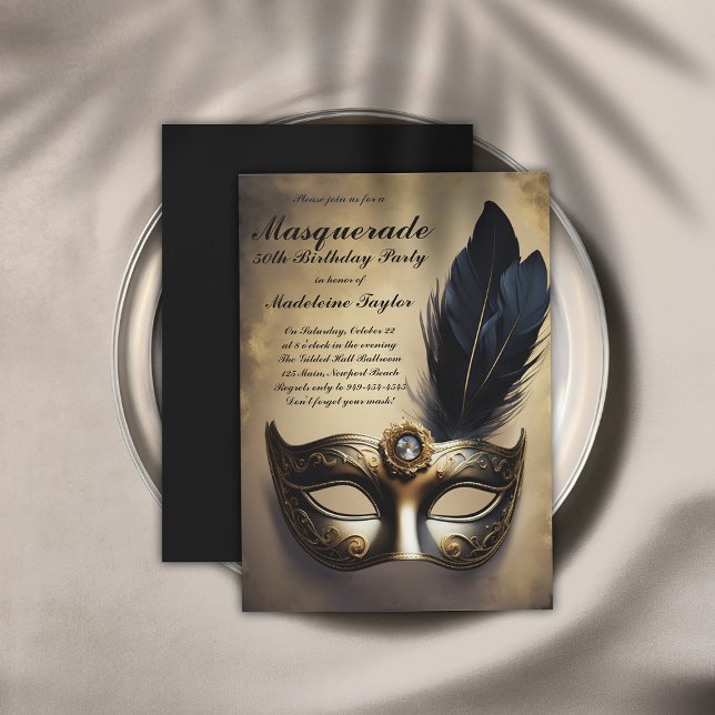 Masquerade Maske Black Gold Dramatischer 50. Gebur Einladung (masquerade 50th birthday party invitation dramatic gold black venetian mask elegant modern classy)