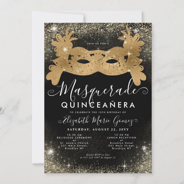 Masquerade Maske Black Gold Glitzer Quinceanera Einladung (Vorderseite)