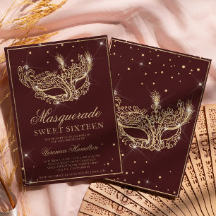 Masquerade Maske bordeauxfarbener Glitzer Sweet 16 Einladung