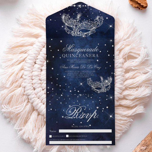 Masquerade Maske Chic silber Glitzer quinceanera All In One Einladung (Masquerade mask chic silver glitter quinceanera all in one invitation)