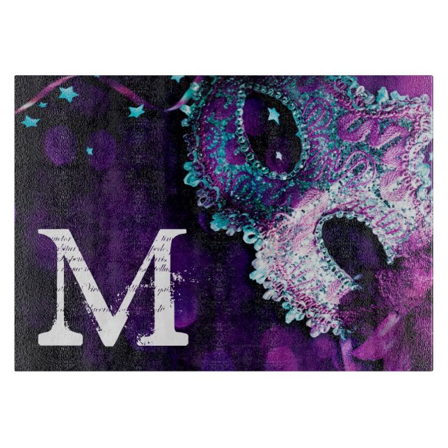 Masquerade Maske Costu Monogram Glasschneidplatte Schneidebrett (Vorderseite)