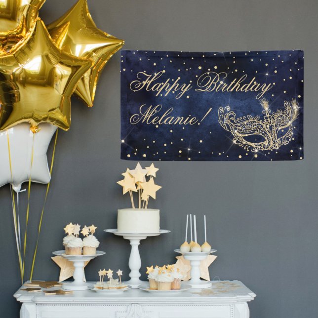 Masquerade Maske elegante Gold Glitzer Glitzern Banner (Masquerade mask elegant chic gold glitter sparkles banner navy blue)