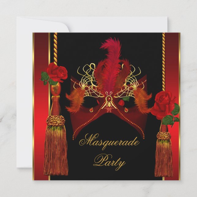 Masquerade Maske Elegante Schwarze Rote Rose Gold Einladung (Vorderseite)