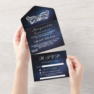 Masquerade Maske Galaxy Blue Stars Quinceanera All In One Einladung