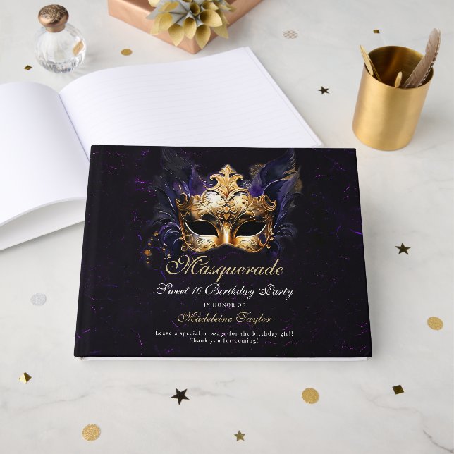 Masquerade Maske Gold Lila Dramatischer 16. Geburt Gästebuch (Vorderseite Offen)