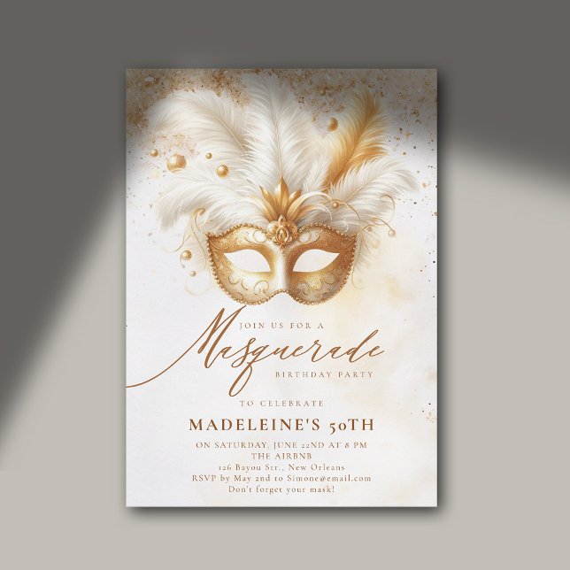Masquerade Maske Gold White Dramatic 50. Geburtsta Einladung (masquerade birthday party 50th for women white gold watercolor elegant modern classy stylish)