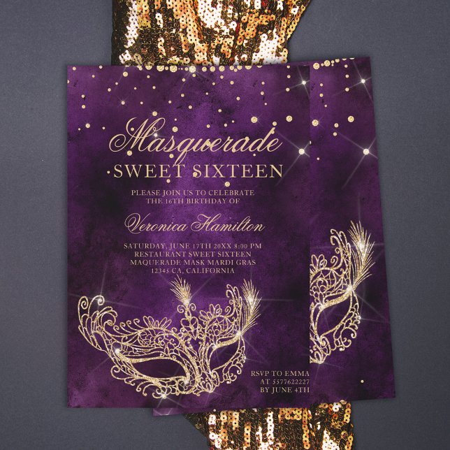 Masquerade Maske lila vergoldeter Glitzer Sweet 16 Einladung (Von Creator hochgeladen)