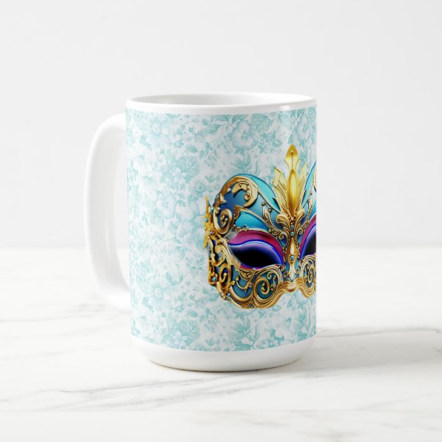 Masquerade Maske mit den goldenen Verzierungen Kaffeetasse (Vorderseite Links)
