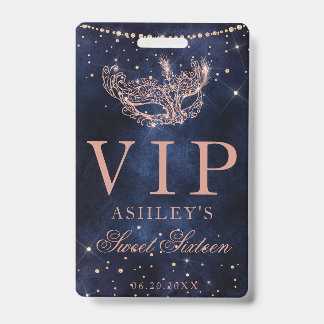Masquerade Maske Rose Gold Glitzer Sweet 16 VIP Ausweis