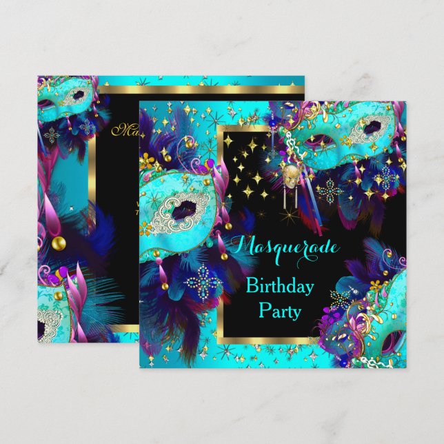 Masquerade Masked Aquamarin Blue Pink Birthday Par Einladung (Vorne/Hinten)