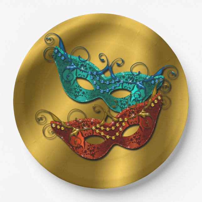Masquerade Masken, Gold Satin Look Teller 9" (Vorderseite)