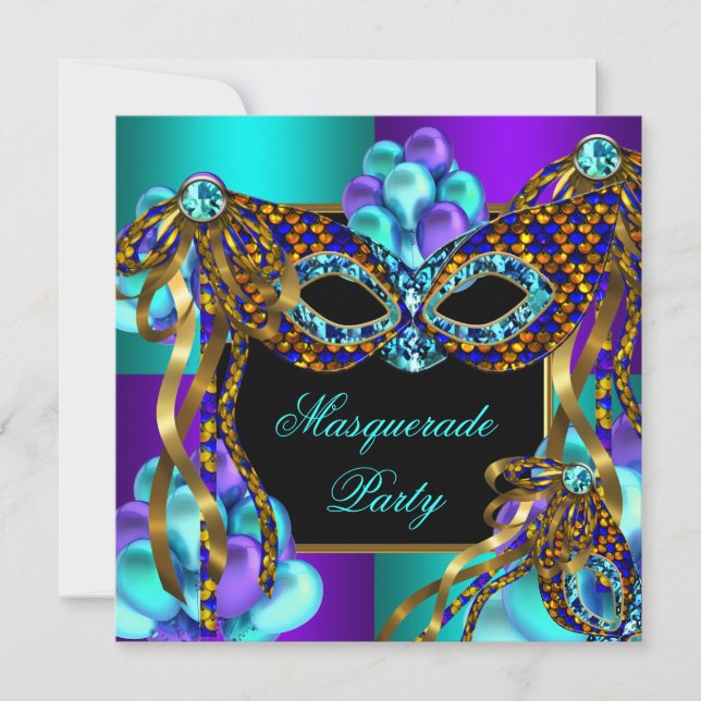 Masquerade Masken Lila Aquamarin Blue Birthday Par Einladung (Vorderseite)