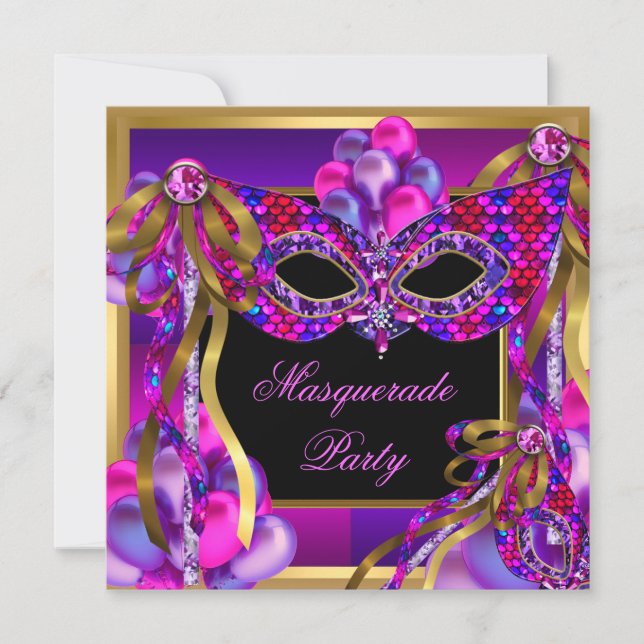 Masquerade Masken Pink Lila Aquamarin Blue Geburts Einladung (Vorderseite)