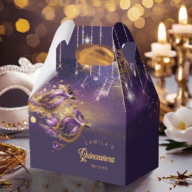 Masquerade Masken Quinceanera Lila Gold ID1031 Geschenkschachtel (Von Creator hochgeladen)