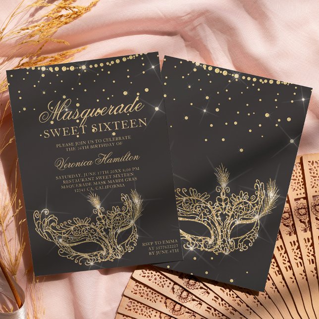 Masquerade Maskerbe Grau Gold Glitzer Sweet 16 Einladung (Von Creator hochgeladen)