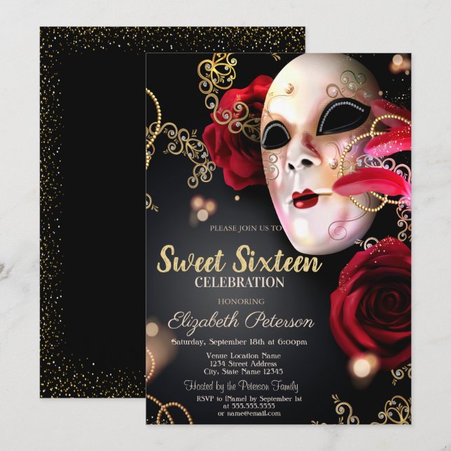 Masquerade, Masque, Confetti Rote Rosen Süß 16 Einladung (Vorne/Hinten)