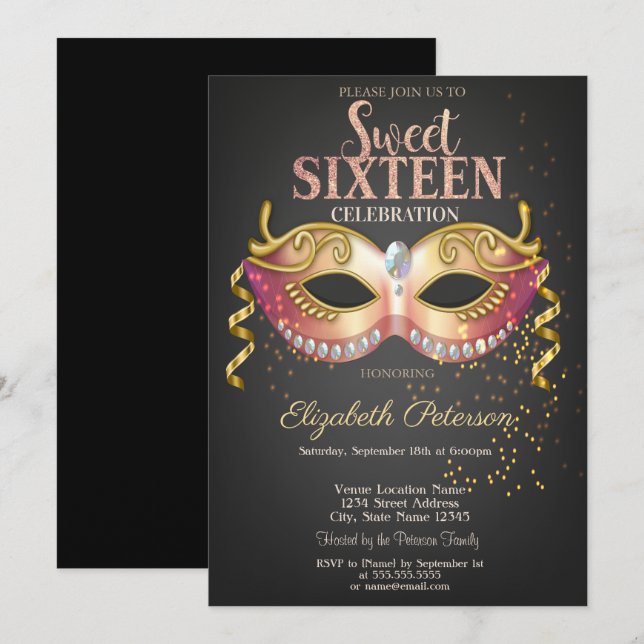 Masquerade, Masque, Confetti Sweet 16 Einladung (Vorne/Hinten)